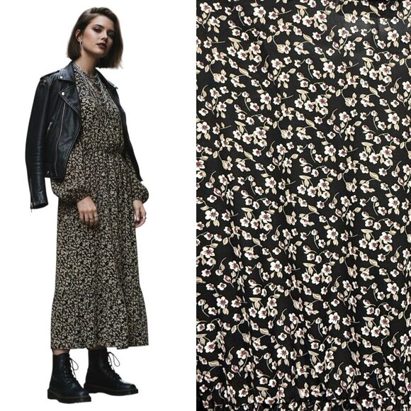 Liumilac Ditsy Floral Midi Dress Prairie Peasant Boho Dark Romantic Black Size X - Picture 12 of 12